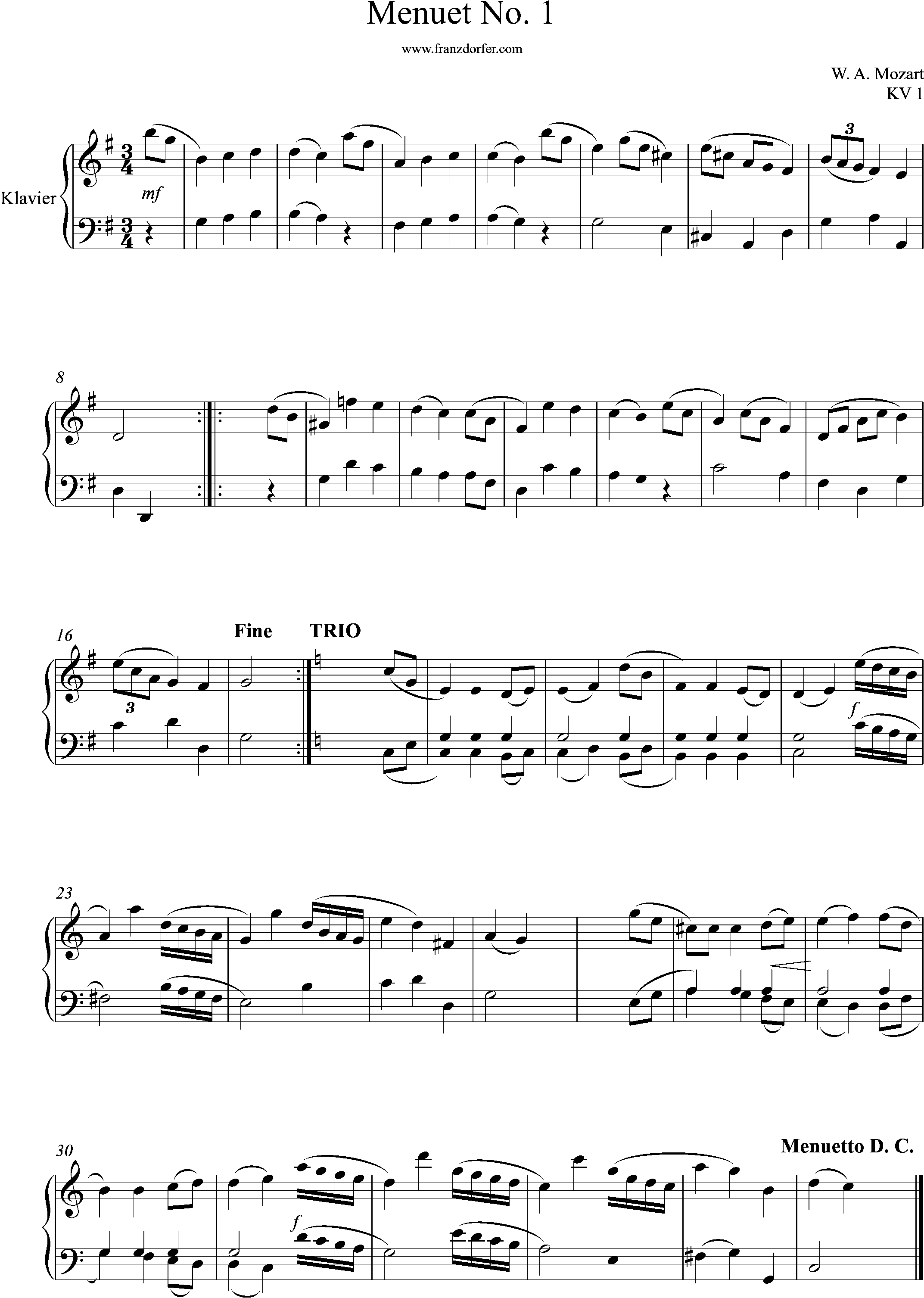 Menuet nr. 1 in G. Mozart, Klaviernoten
